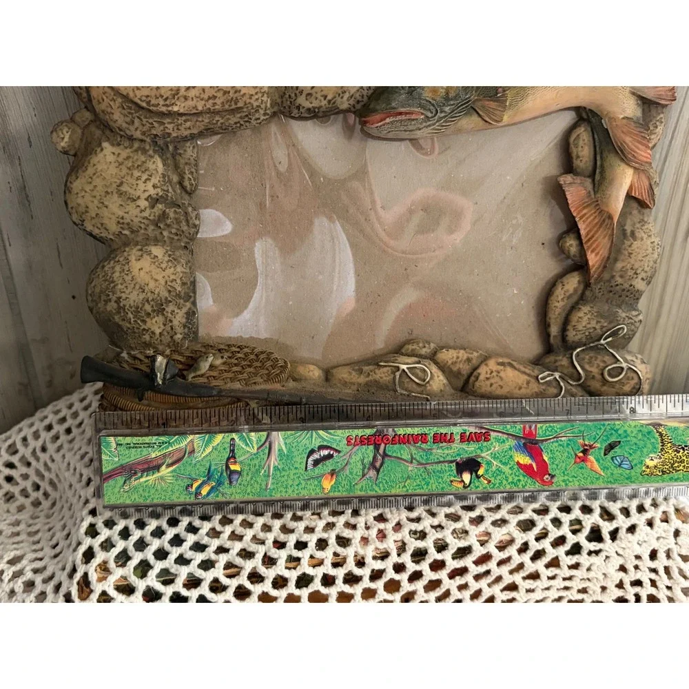 Vintage Fishing Picture Frame 3D Trout Creel Rock Resin Cabin Decor